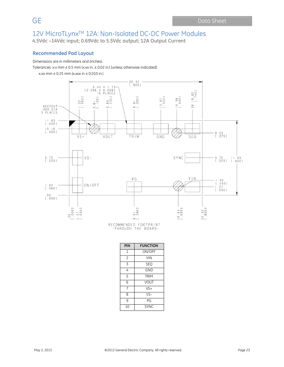 12v microtlynx, 12a: non-isolated dc-dc power modules, Data sheet | GE Industrial Solutions 12V MicroTLynx 12A User Manual | Page 23 / 26