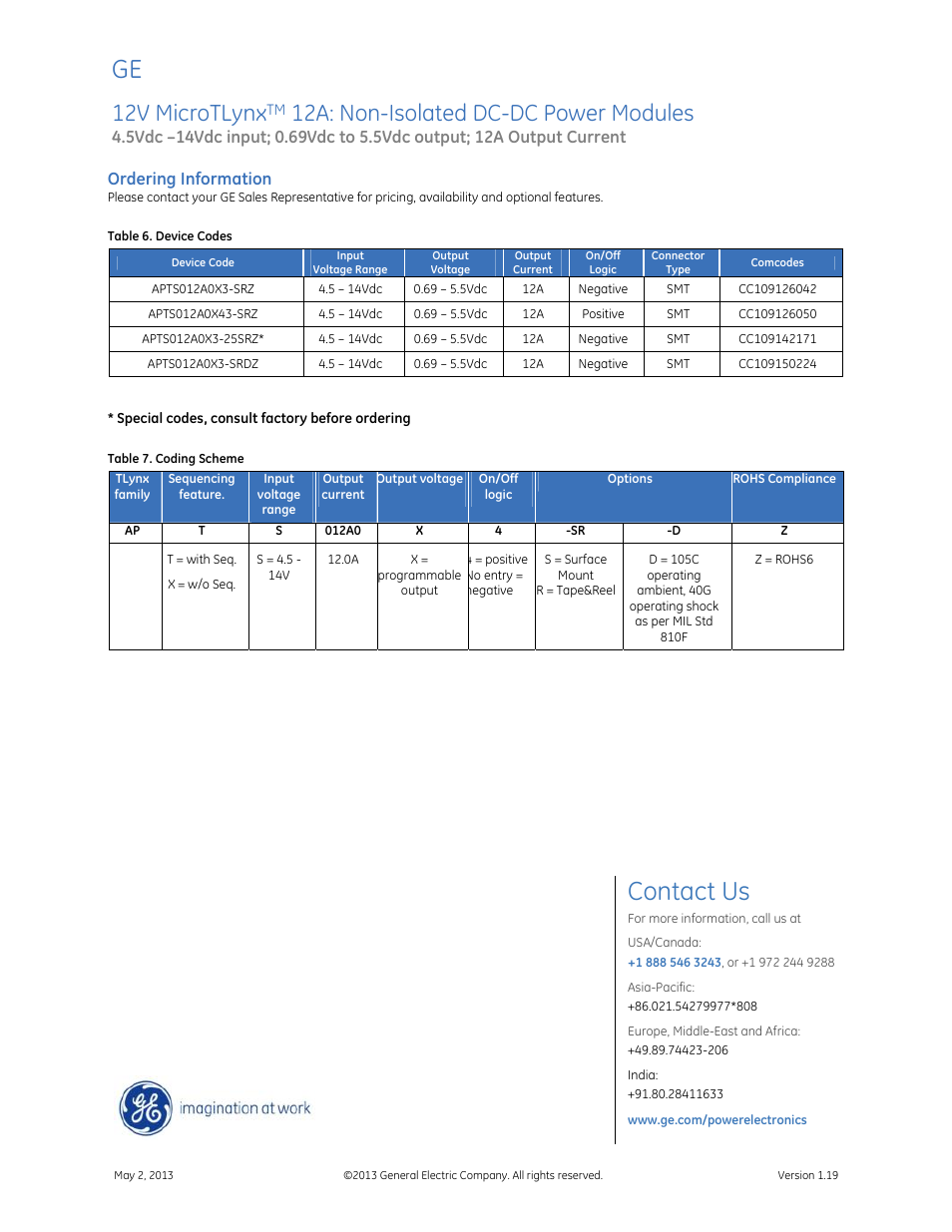 Contact us, 12v microtlynx, 12a: non-isolated dc-dc power modules | Data sheet, Ordering information | GE Industrial Solutions 12V MicroTLynx 12A User Manual | Page 26 / 26