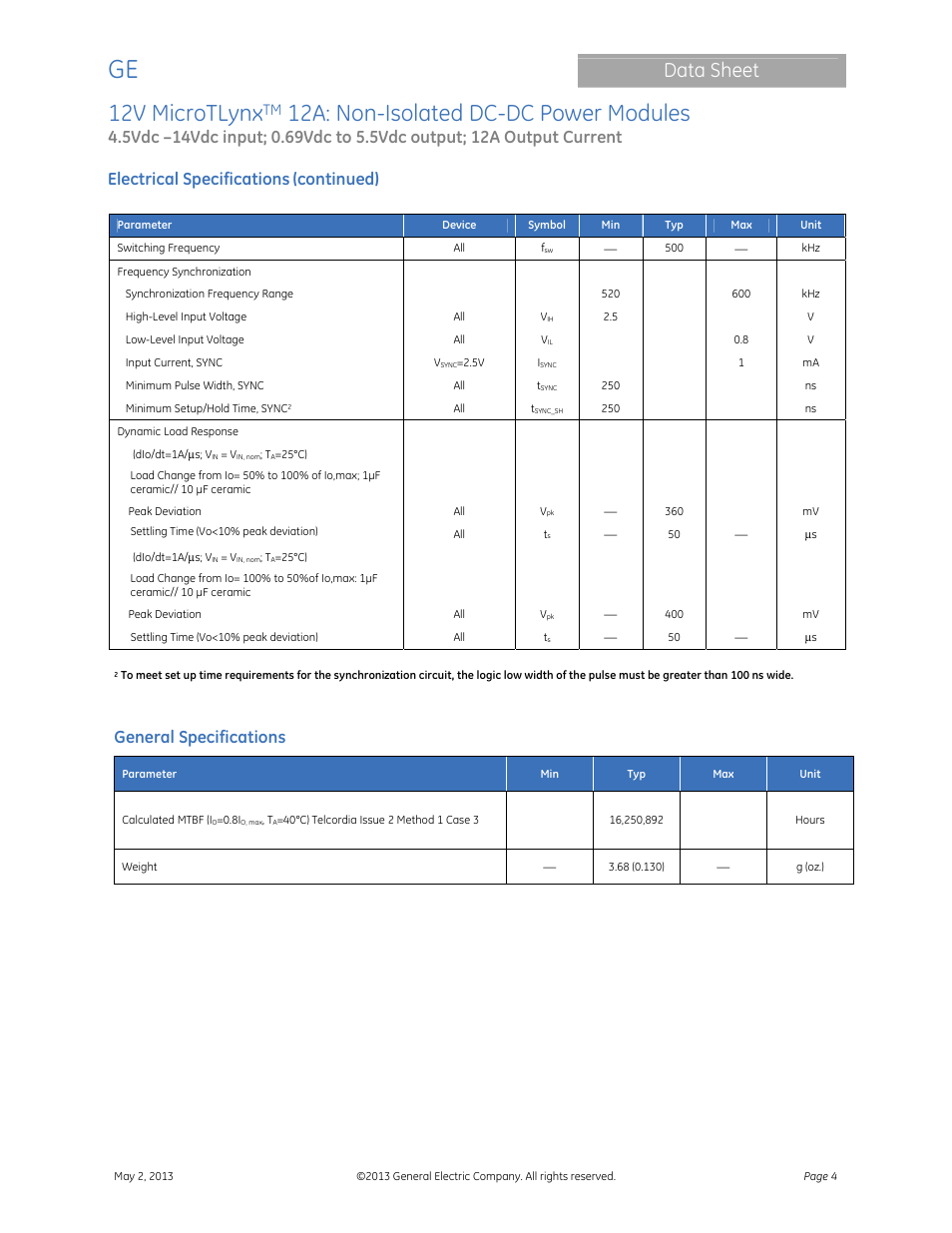 12v microtlynx, 12a: non-isolated dc-dc power modules, Data sheet | Electrical specifications, Continued), General specifications | GE Industrial Solutions 12V MicroTLynx 12A User Manual | Page 4 / 26