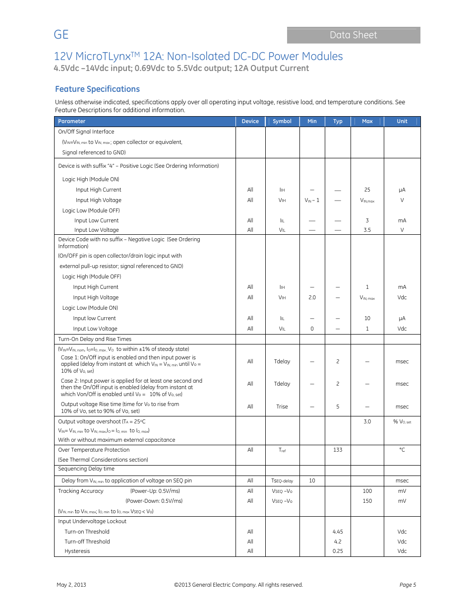 12v microtlynx, 12a: non-isolated dc-dc power modules, Data sheet | Feature specifications | GE Industrial Solutions 12V MicroTLynx 12A User Manual | Page 5 / 26