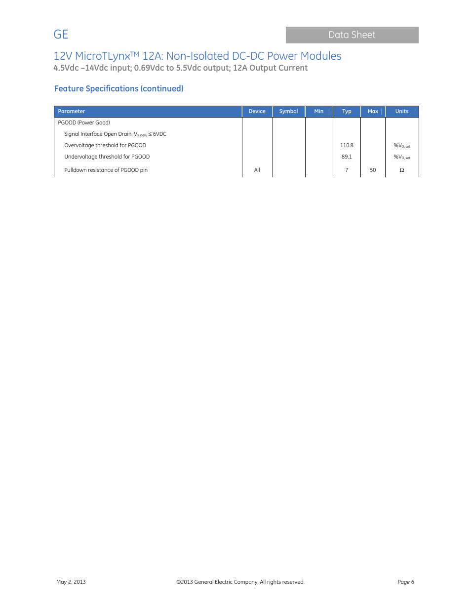 12v microtlynx, 12a: non-isolated dc-dc power modules, Data sheet | Feature specifications (continued) | GE Industrial Solutions 12V MicroTLynx 12A User Manual | Page 6 / 26