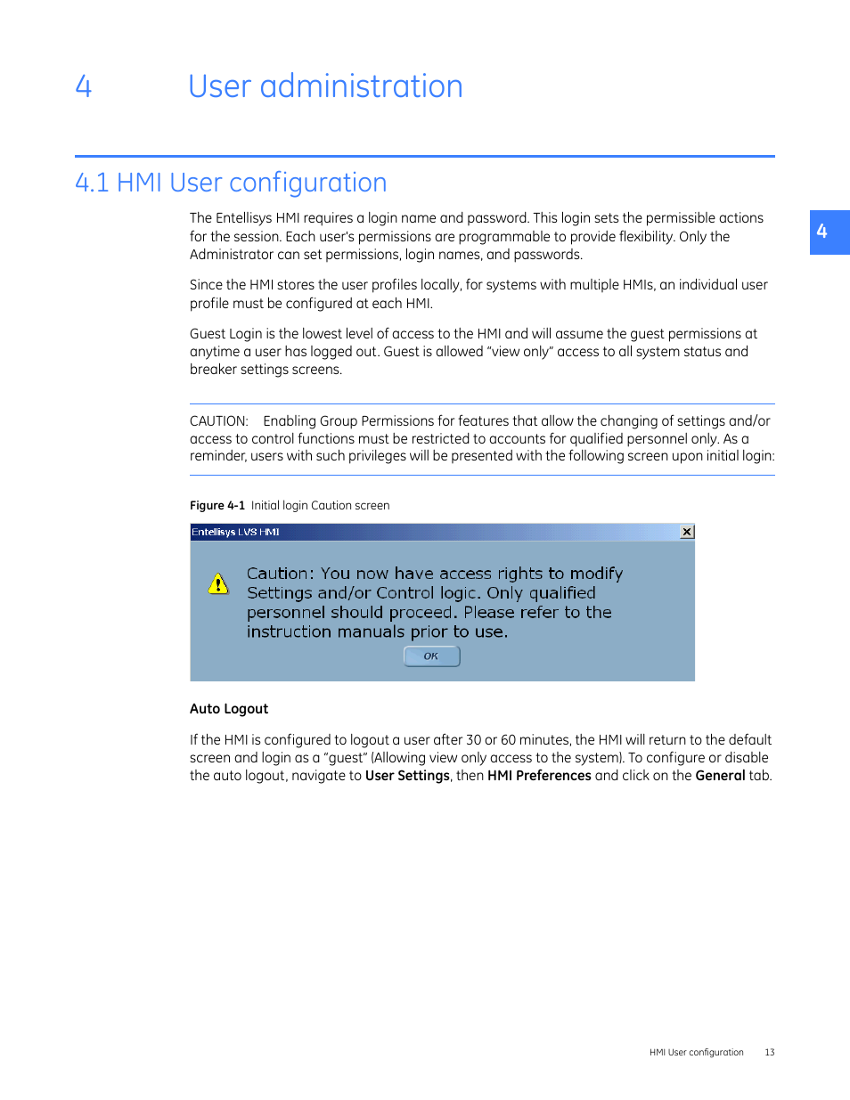 User administration, 1 hmi user configuration, 4user administration | GE Industrial Solutions Entellisys 4.0 System Administrator Manual User Manual | Page 13 / 72