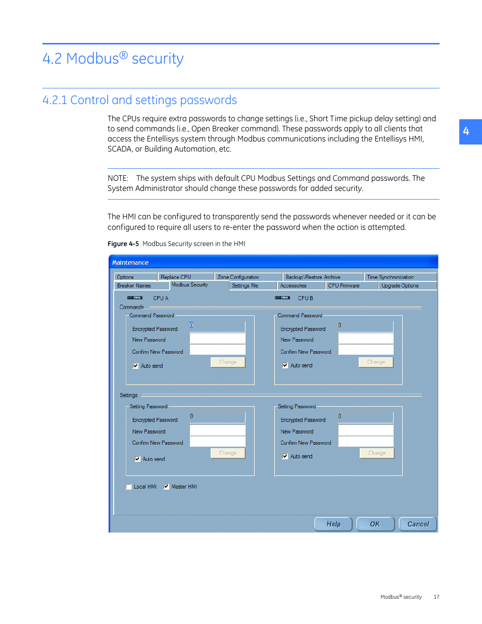 2 modbus® security, 1 control and settings passwords, 2 modbus | Security | GE Industrial Solutions Entellisys 4.0 System Administrator Manual User Manual | Page 17 / 72