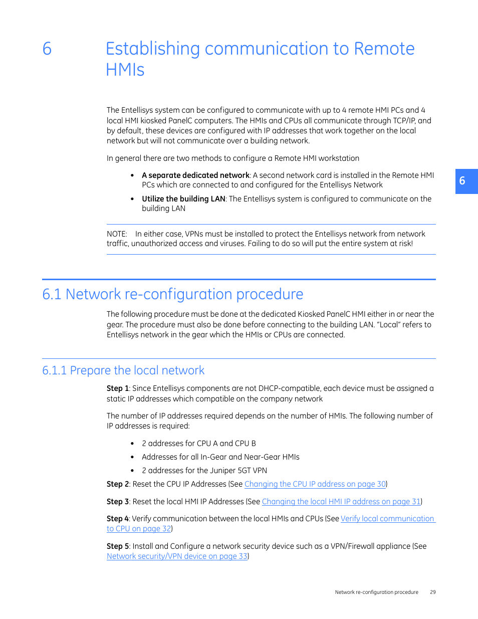 Establishing communication to remote hmis, 1 network re-configuration procedure, 1 prepare the local network | 6establishing communication to remote hmis | GE Industrial Solutions Entellisys 4.0 System Administrator Manual User Manual | Page 29 / 72