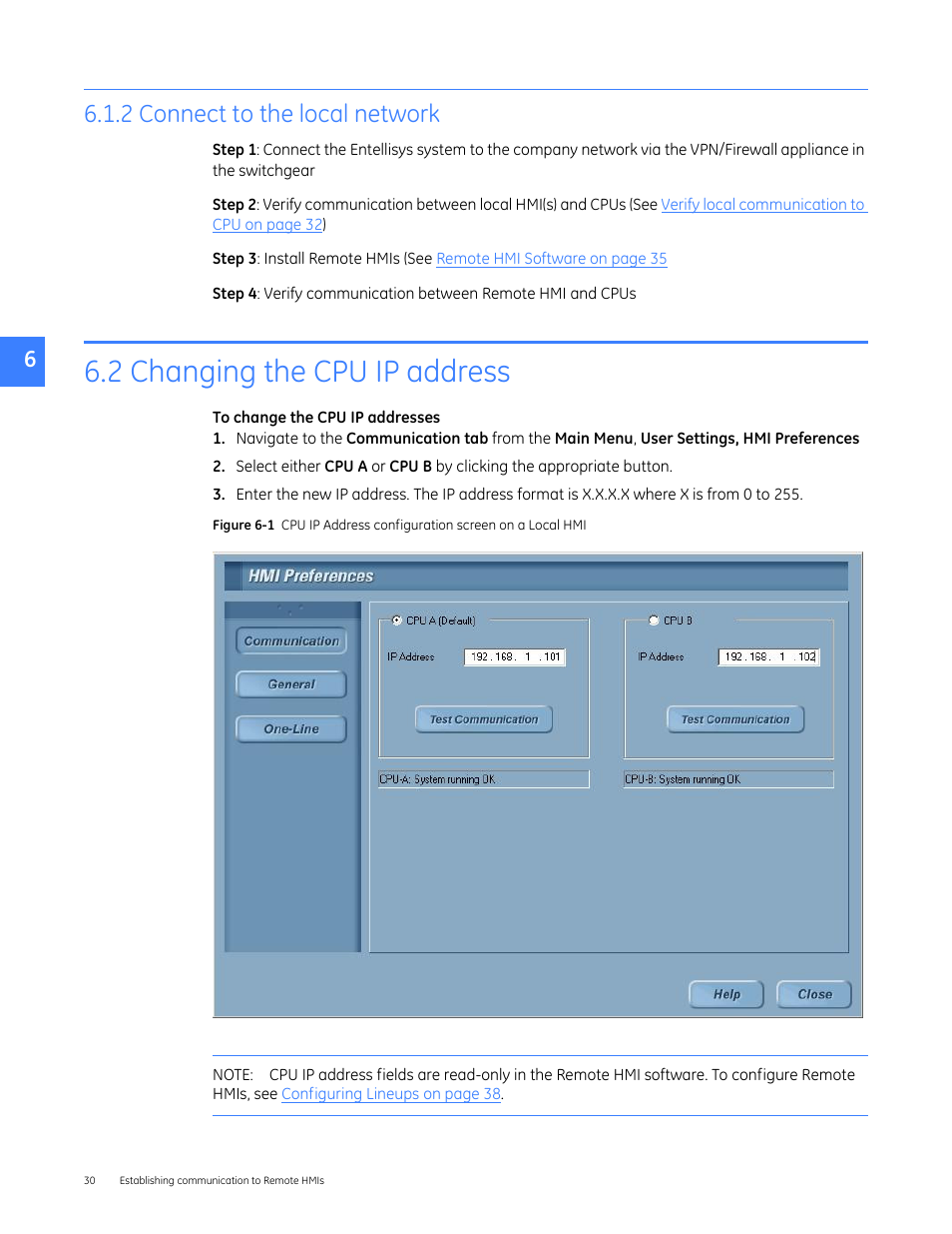 2 connect to the local network, 2 changing the cpu ip address, Esses (see | GE Industrial Solutions Entellisys 4.0 System Administrator Manual User Manual | Page 30 / 72