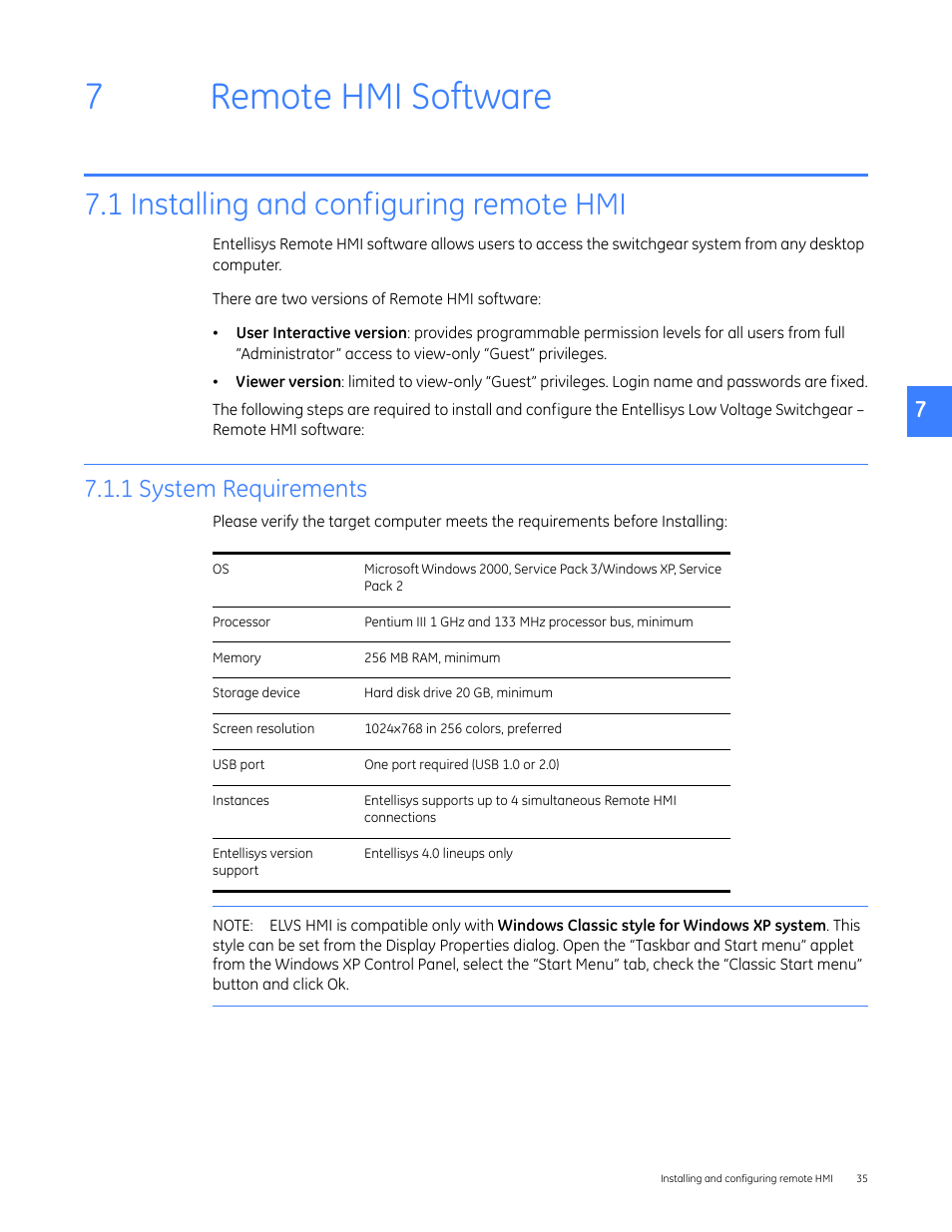 Remote hmi software, 1 installing and configuring remote hmi, 1 system requirements | Hmis (see, 7remote hmi software | GE Industrial Solutions Entellisys 4.0 System Administrator Manual User Manual | Page 35 / 72
