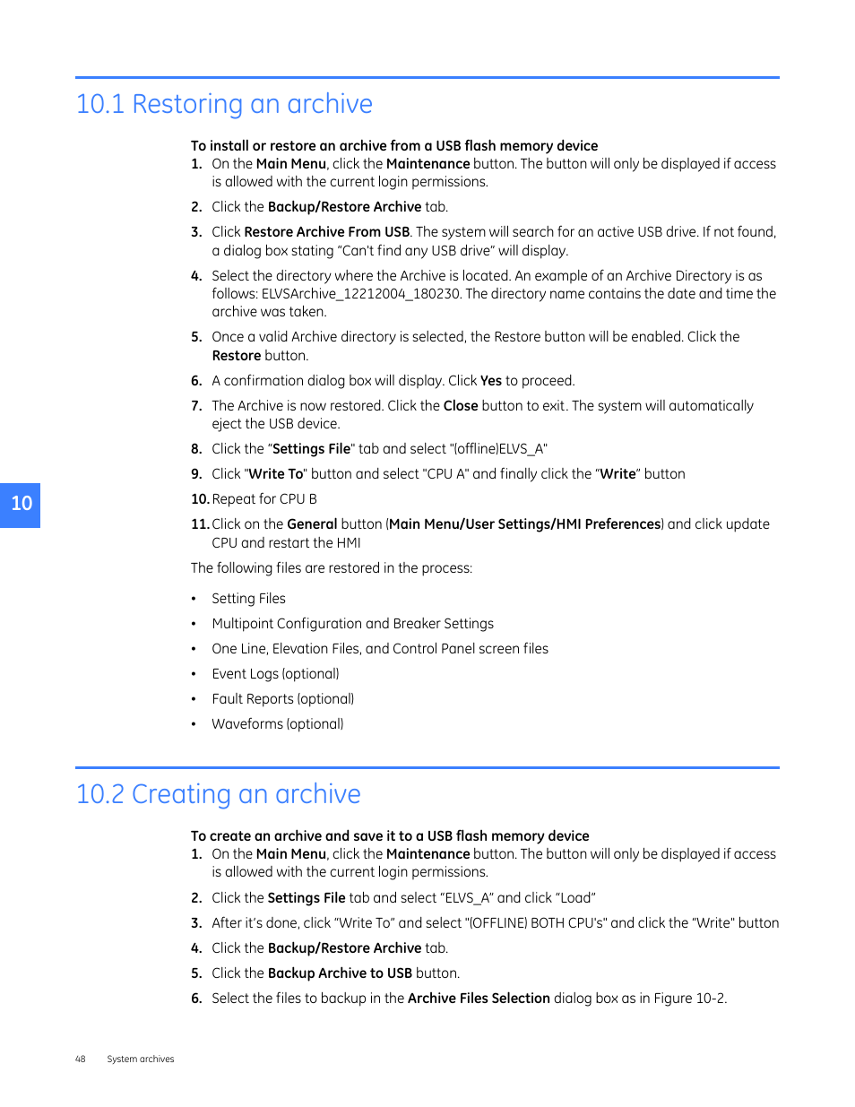 1 restoring an archive, 2 creating an archive, Restoring an archive | GE Industrial Solutions Entellisys 4.0 System Administrator Manual User Manual | Page 48 / 72