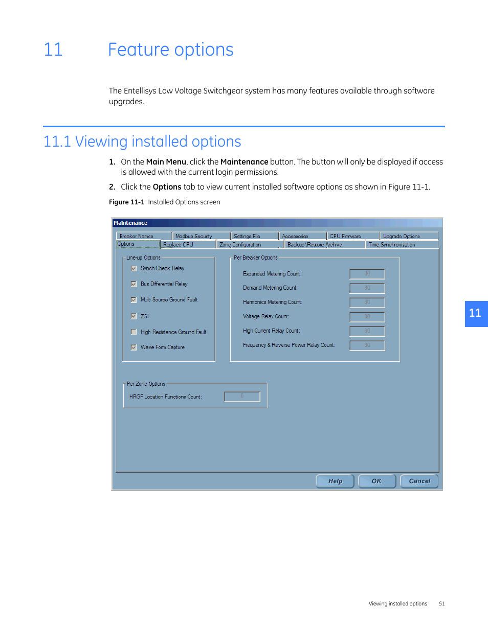 Feature options, 1 viewing installed options, 11 feature options | GE Industrial Solutions Entellisys 4.0 System Administrator Manual User Manual | Page 51 / 72