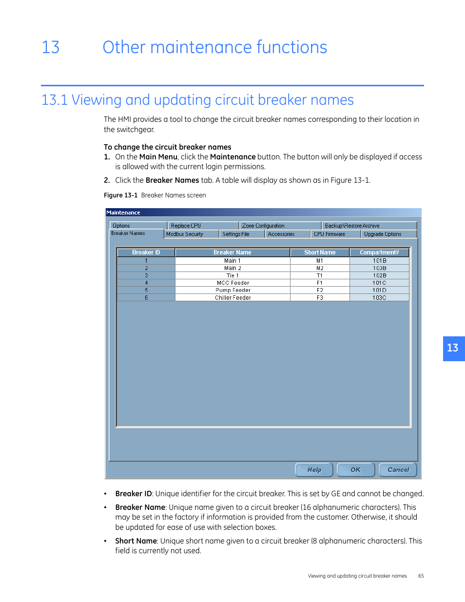Other maintenance functions, 1 viewing and updating circuit breaker names, 13 other maintenance functions | GE Industrial Solutions Entellisys 4.0 System Administrator Manual User Manual | Page 65 / 72