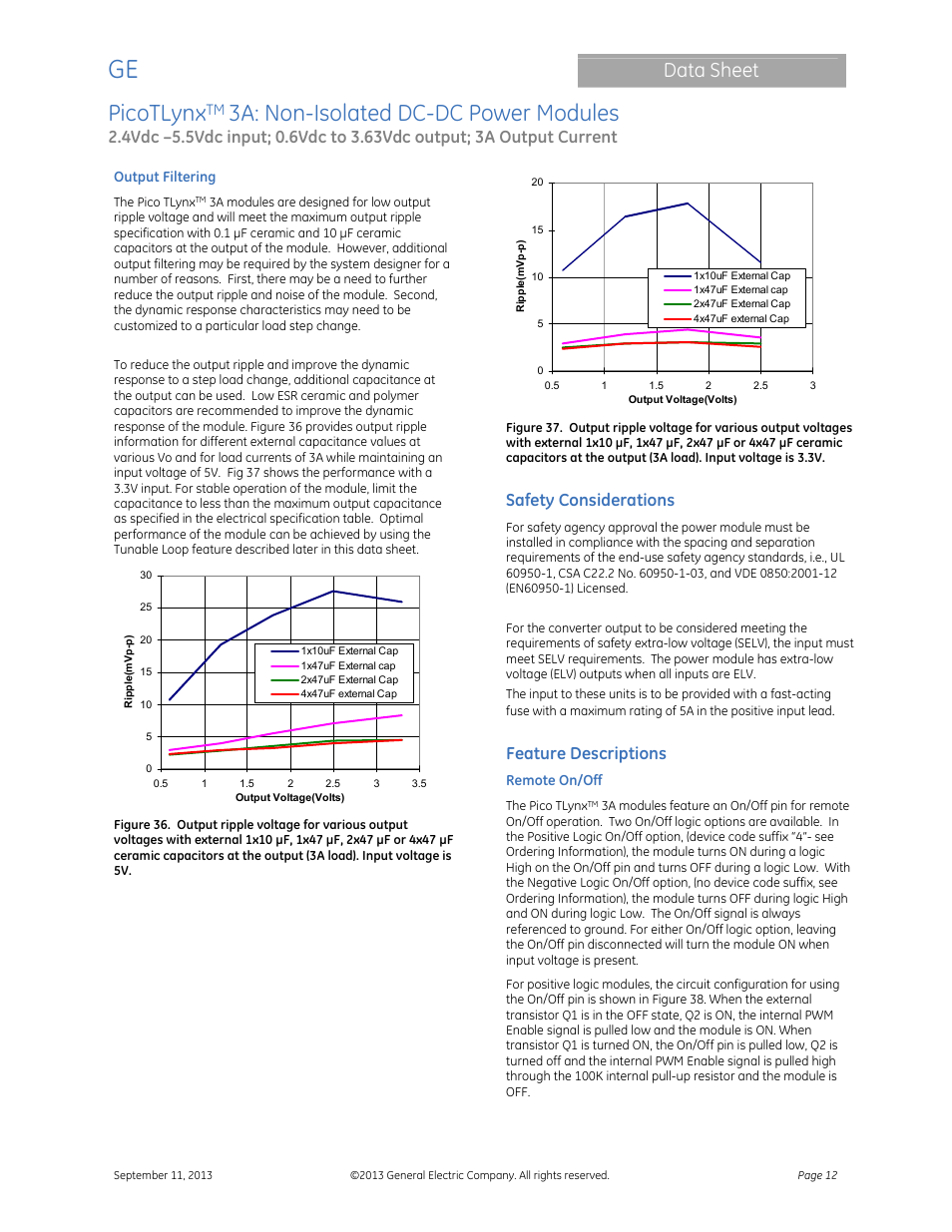 Picotlynx, 3a: non-isolated dc-dc power modules, Data sheet | Safety considerations, Feature descriptions | GE Industrial Solutions PicoTLynx 3A User Manual | Page 12 / 24