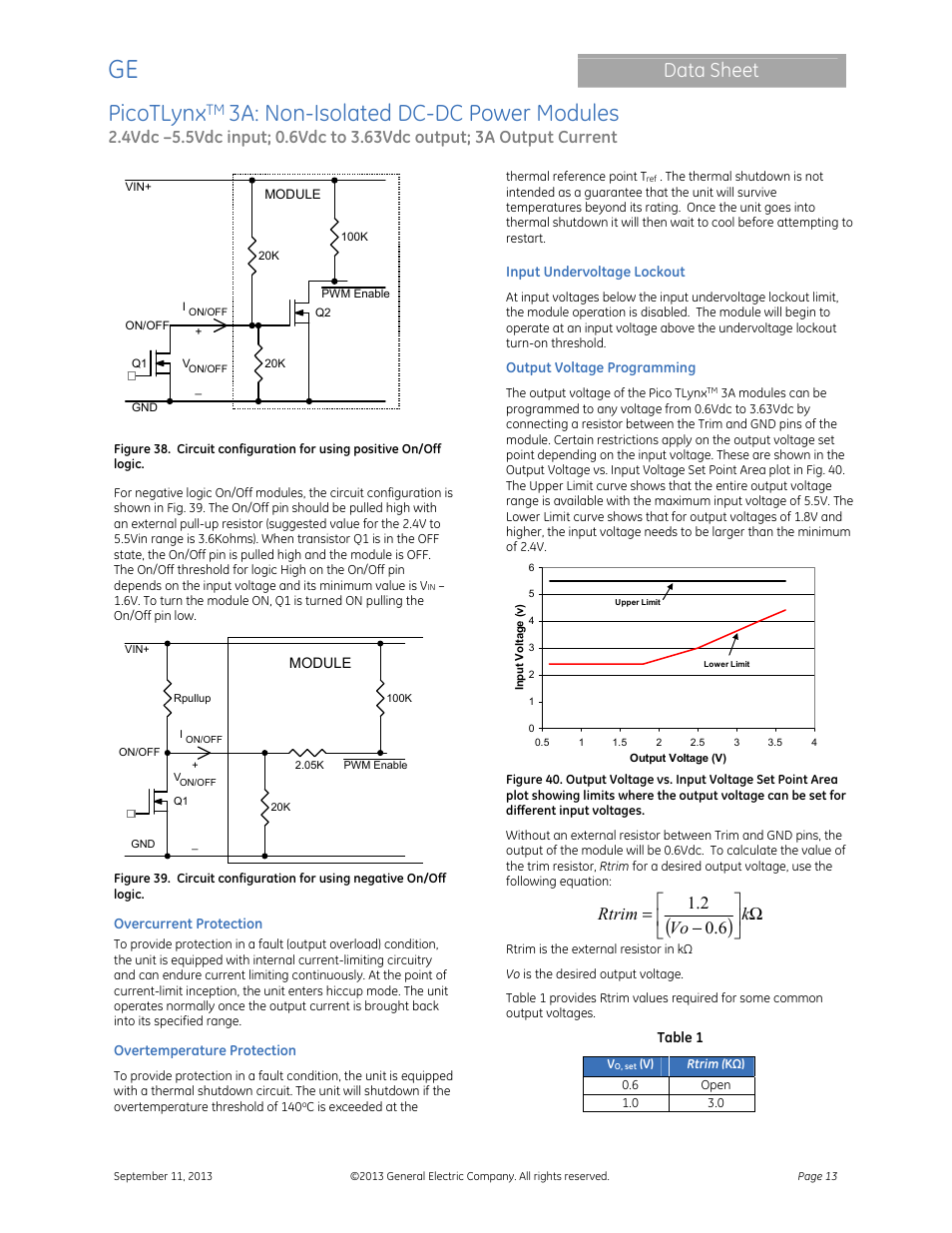 Picotlynx, 3a: non-isolated dc-dc power modules, Data sheet | Ω      − = k vo rtrim 6 . 0 2 . 1 | GE Industrial Solutions PicoTLynx 3A User Manual | Page 13 / 24
