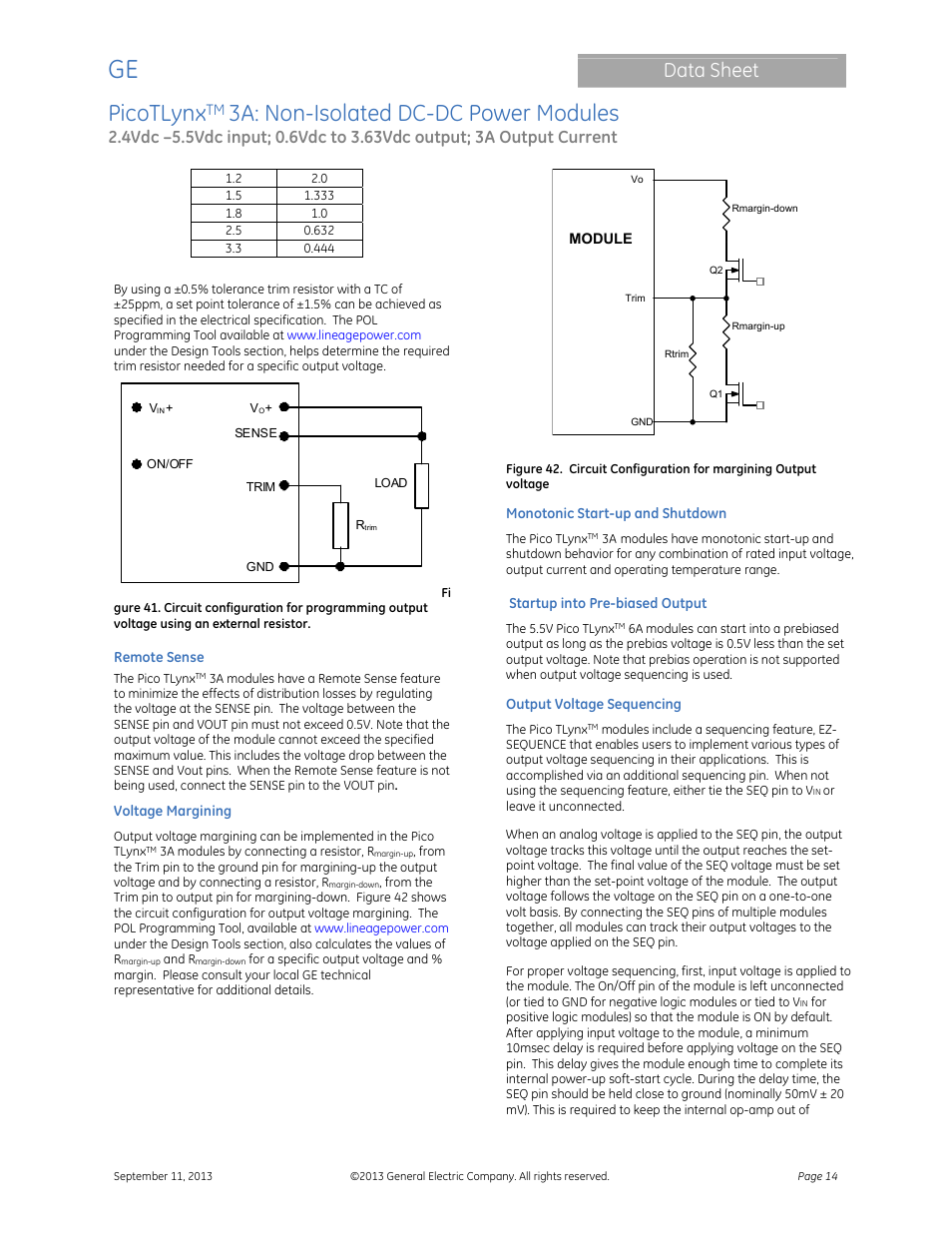 Picotlynx, 3a: non-isolated dc-dc power modules, Data sheet | GE Industrial Solutions PicoTLynx 3A User Manual | Page 14 / 24