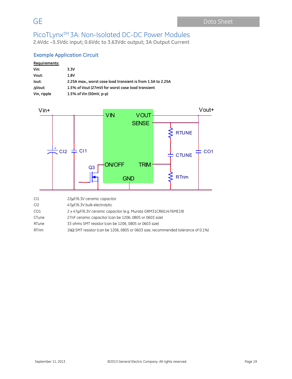 Module, Picotlynx, 3a: non-isolated dc-dc power modules | Data sheet | GE Industrial Solutions PicoTLynx 3A User Manual | Page 19 / 24