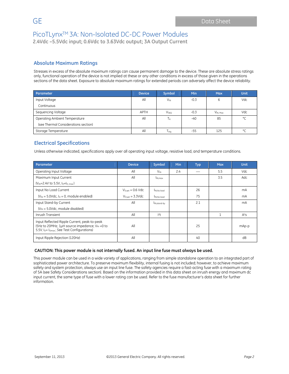 Picotlynx, 3a: non-isolated dc-dc power modules, Data sheet | Absolute maximum ratings, Electrical specifications | GE Industrial Solutions PicoTLynx 3A User Manual | Page 2 / 24