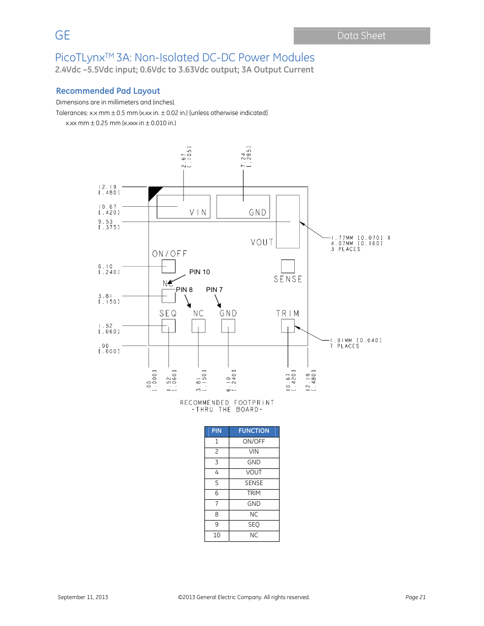Picotlynx, 3a: non-isolated dc-dc power modules, Data sheet | GE Industrial Solutions PicoTLynx 3A User Manual | Page 21 / 24