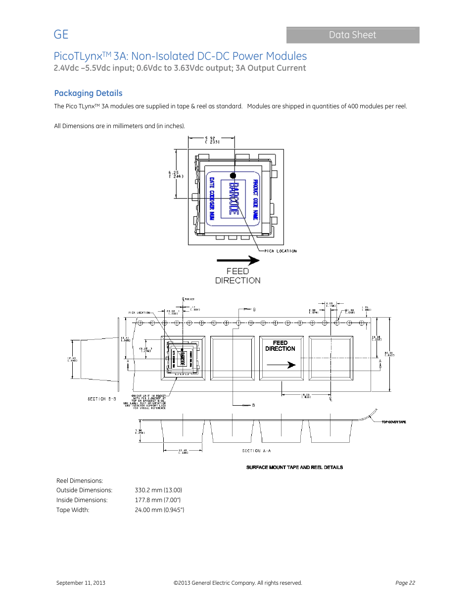 Picotlynx, 3a: non-isolated dc-dc power modules, Data sheet | GE Industrial Solutions PicoTLynx 3A User Manual | Page 22 / 24