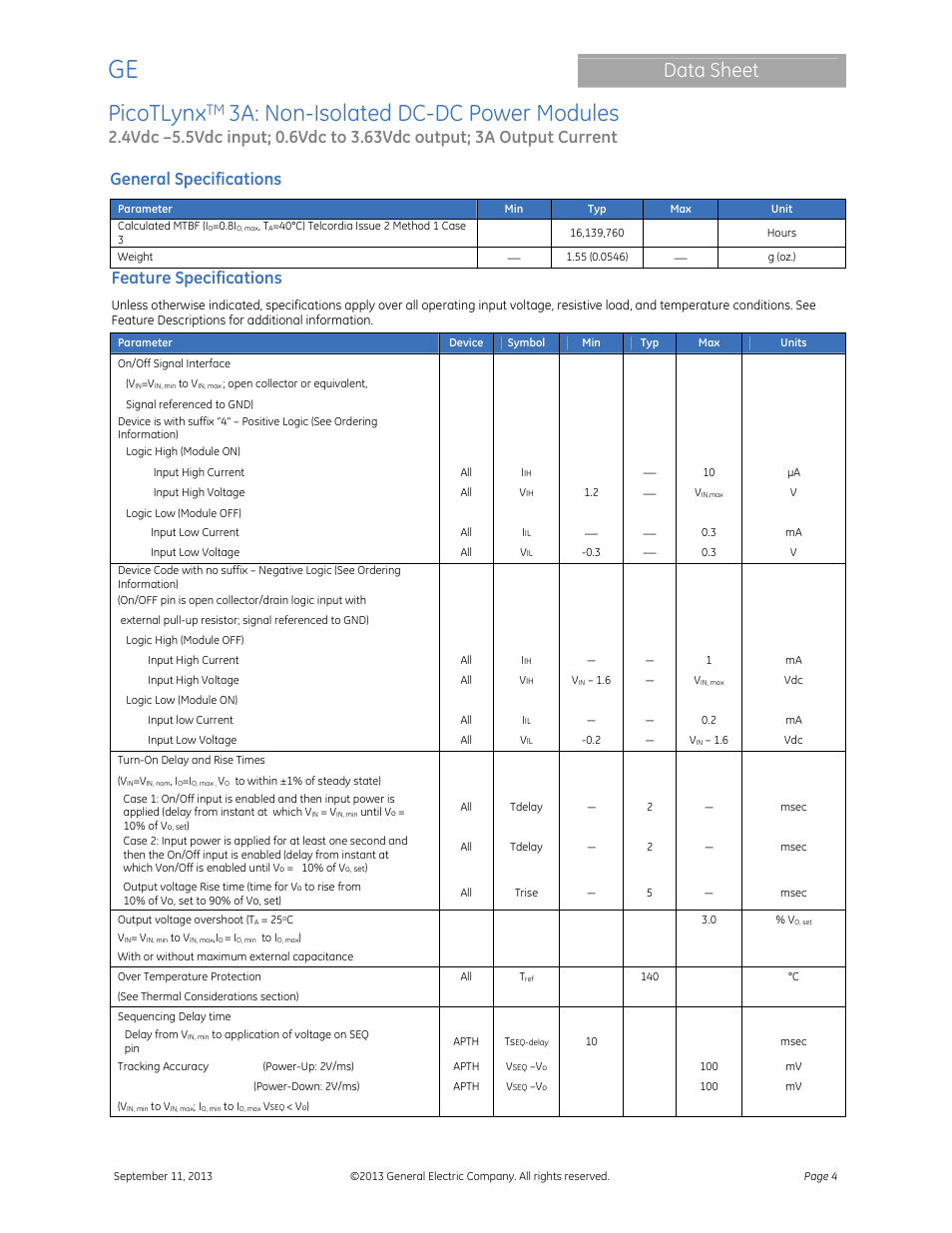 Picotlynx, 3a: non-isolated dc-dc power modules, Data sheet | General specifications, Feature specifications | GE Industrial Solutions PicoTLynx 3A User Manual | Page 4 / 24