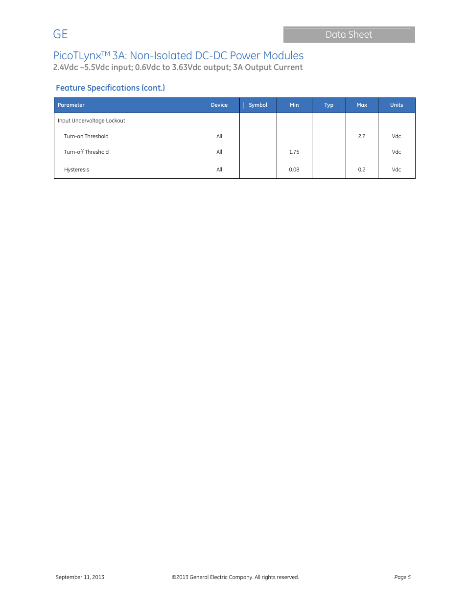 Picotlynx, 3a: non-isolated dc-dc power modules, Data sheet | Feature specifications (cont.) | GE Industrial Solutions PicoTLynx 3A User Manual | Page 5 / 24