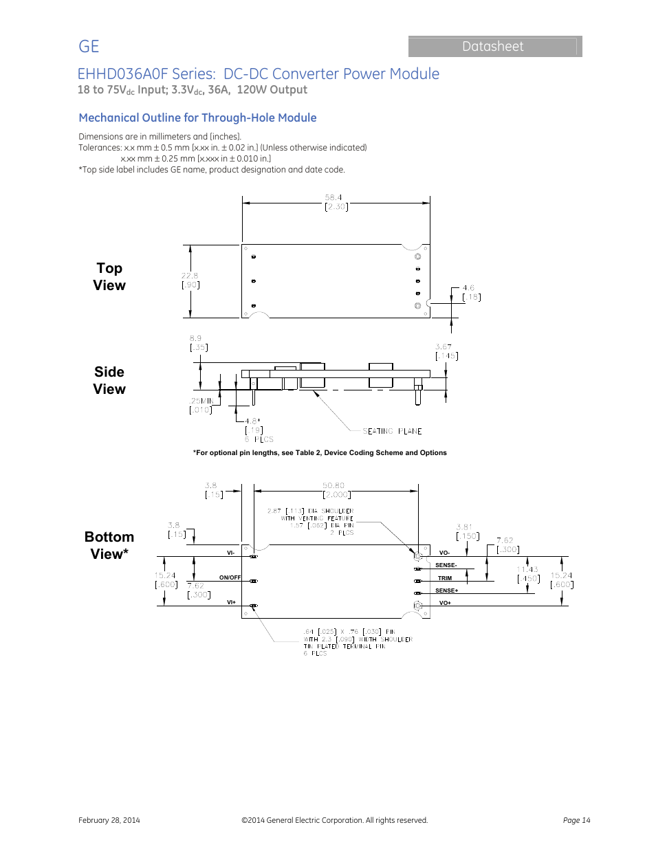 Ehhd036a0f series: dc-dc converter power module, Datasheet, Top view side view bottom view | GE Industrial Solutions EHHD036A0F HAMMERHEAD Series User Manual | Page 14 / 20