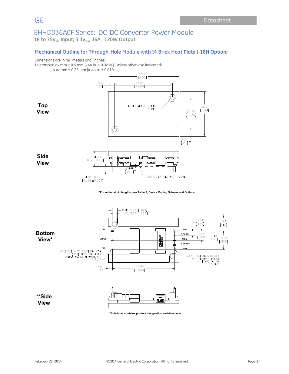 Ehhd036a0f series: dc-dc converter power module, Datasheet | GE Industrial Solutions EHHD036A0F HAMMERHEAD Series User Manual | Page 17 / 20