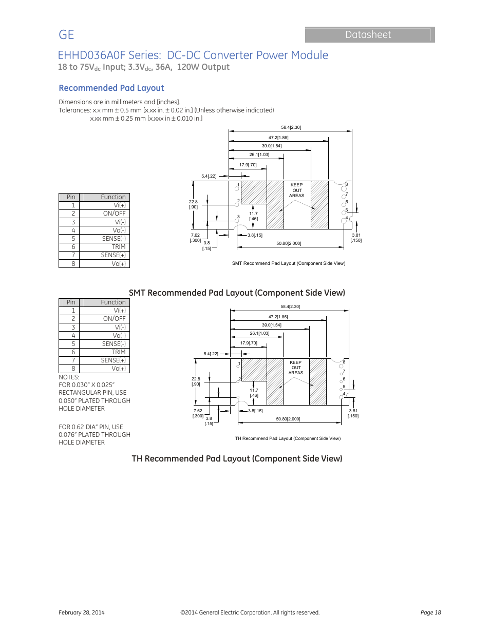 Ehhd036a0f series: dc-dc converter power module, Datasheet, 18 to 75v | Input; 3.3v, Recommended pad layout, Smt recommended pad layout (component side view), Th recommended pad layout (component side view) | GE Industrial Solutions EHHD036A0F HAMMERHEAD Series User Manual | Page 18 / 20
