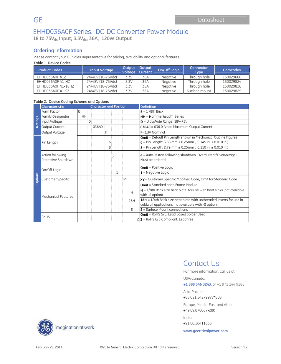 Contact us, Ehhd036a0f series: dc-dc converter power module, Datasheet | 18 to 75v, Input; 3.3v, Ordering information | GE Industrial Solutions EHHD036A0F HAMMERHEAD Series User Manual | Page 20 / 20