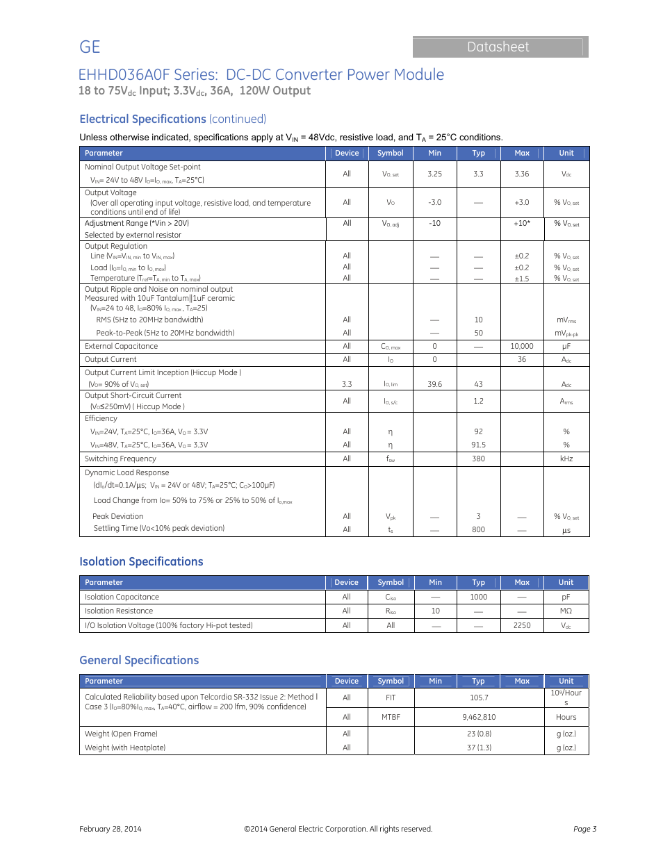 Ehhd036a0f series: dc-dc converter power module, Datasheet, 18 to 75v | Input; 3.3v, Electrical specifications (continued), Isolation specifications, General specifications | GE Industrial Solutions EHHD036A0F HAMMERHEAD Series User Manual | Page 3 / 20
