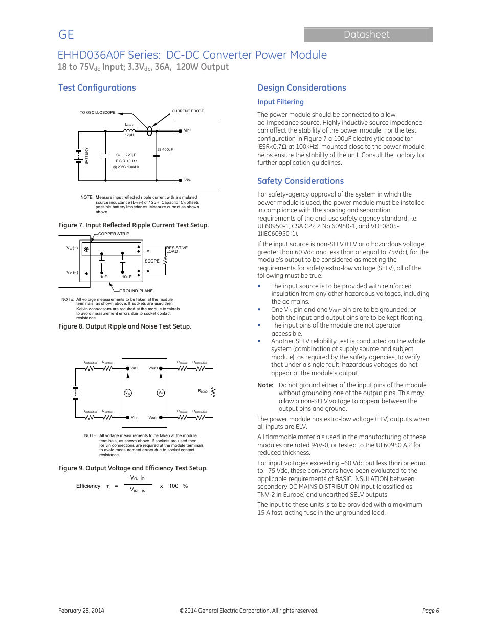 Ehhd036a0f series: dc-dc converter power module, Datasheet, 18 to 75v | Input; 3.3v, Test configurations, Design considerations, Safety considerations, Input filtering | GE Industrial Solutions EHHD036A0F HAMMERHEAD Series User Manual | Page 6 / 20