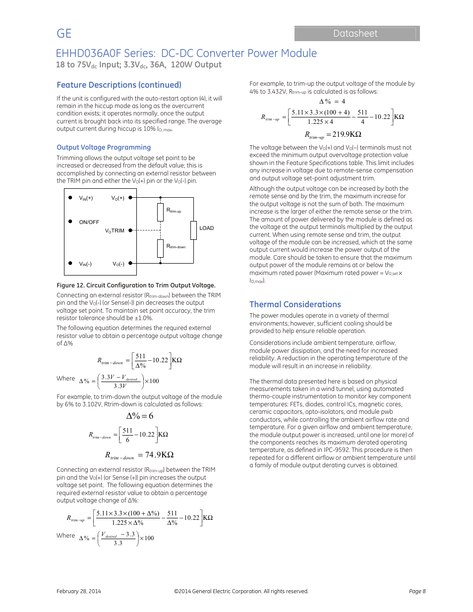 Ehhd036a0f series: dc-dc converter power module, Datasheet, 6% = δ | 18 to 75v, Input; 3.3v, Feature descriptions (continued), Thermal considerations | GE Industrial Solutions EHHD036A0F HAMMERHEAD Series User Manual | Page 8 / 20