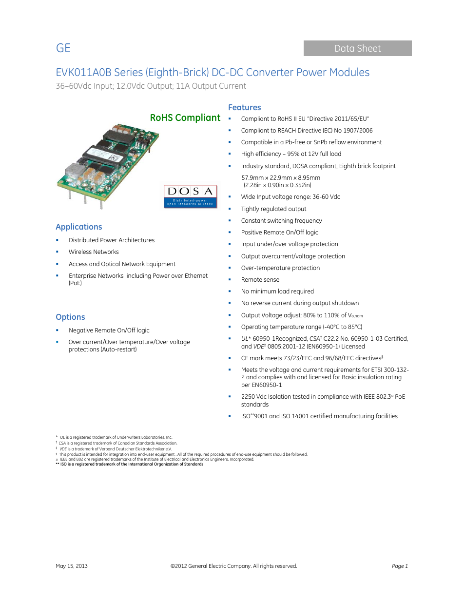 GE Industrial Solutions EVK011A0B Series (Eighth-Brick) User Manual | 13 pages