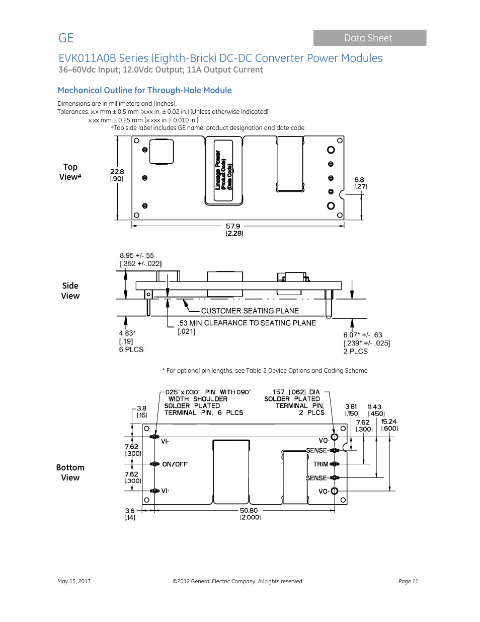 Data sheet | GE Industrial Solutions EVK011A0B Series (Eighth-Brick) User Manual | Page 11 / 13