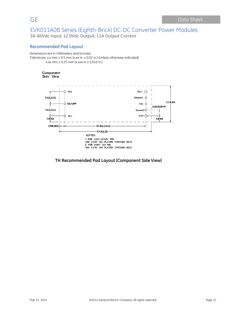 GE Industrial Solutions EVK011A0B Series (Eighth-Brick) User Manual | Page 12 / 13