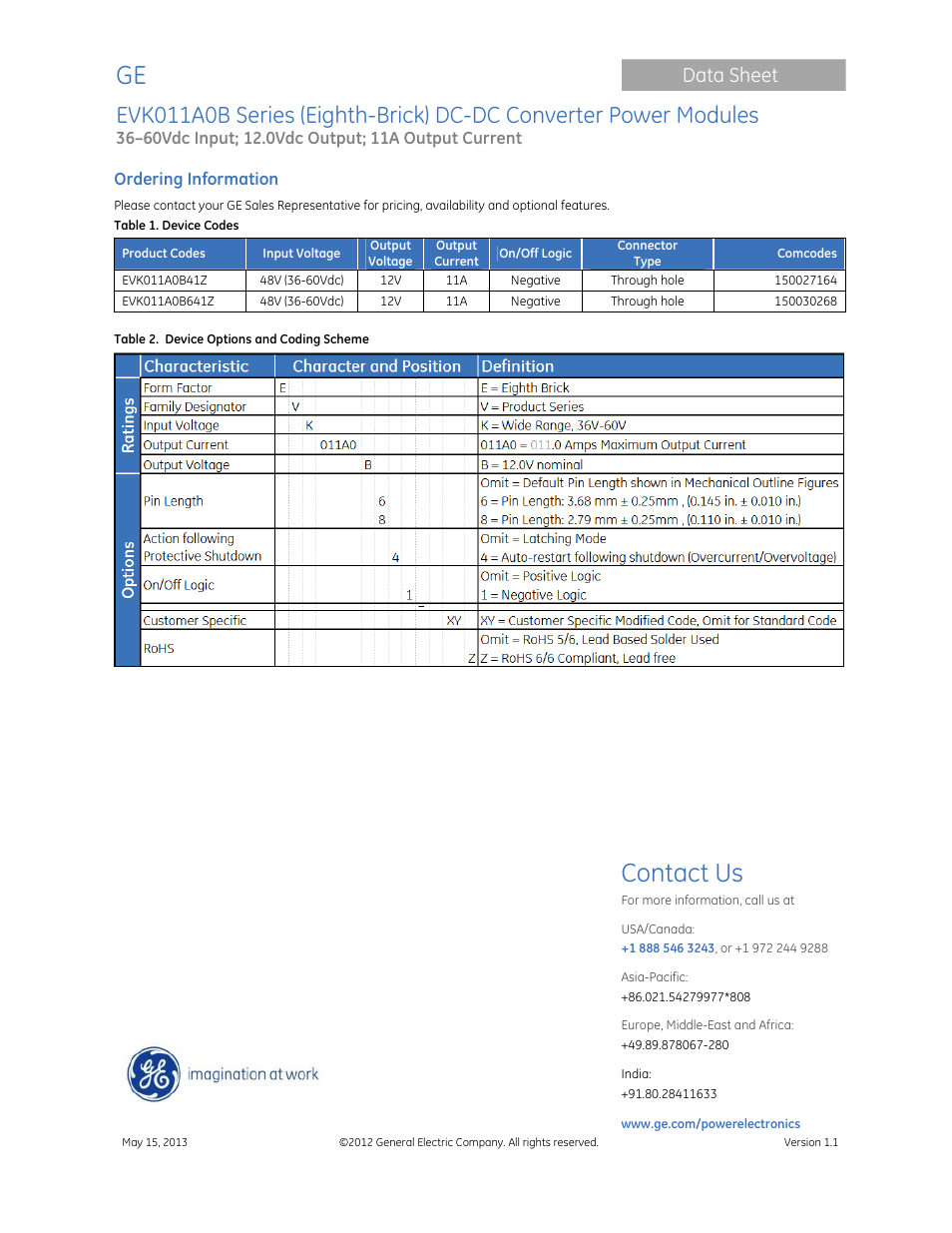 Contact us, Data sheet | GE Industrial Solutions EVK011A0B Series (Eighth-Brick) User Manual | Page 13 / 13