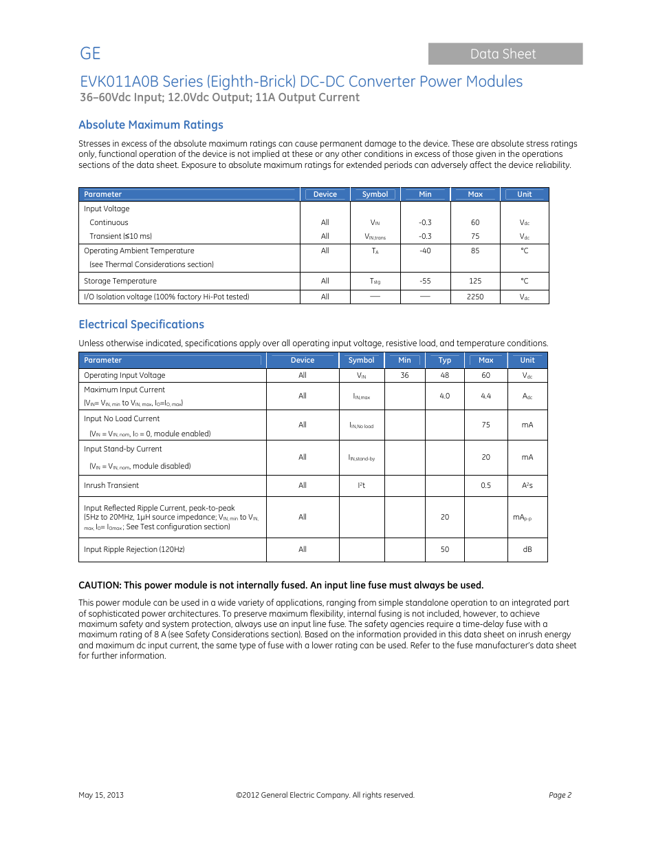 Data sheet, Absolute maximum ratings, Electrical specifications | GE Industrial Solutions EVK011A0B Series (Eighth-Brick) User Manual | Page 2 / 13