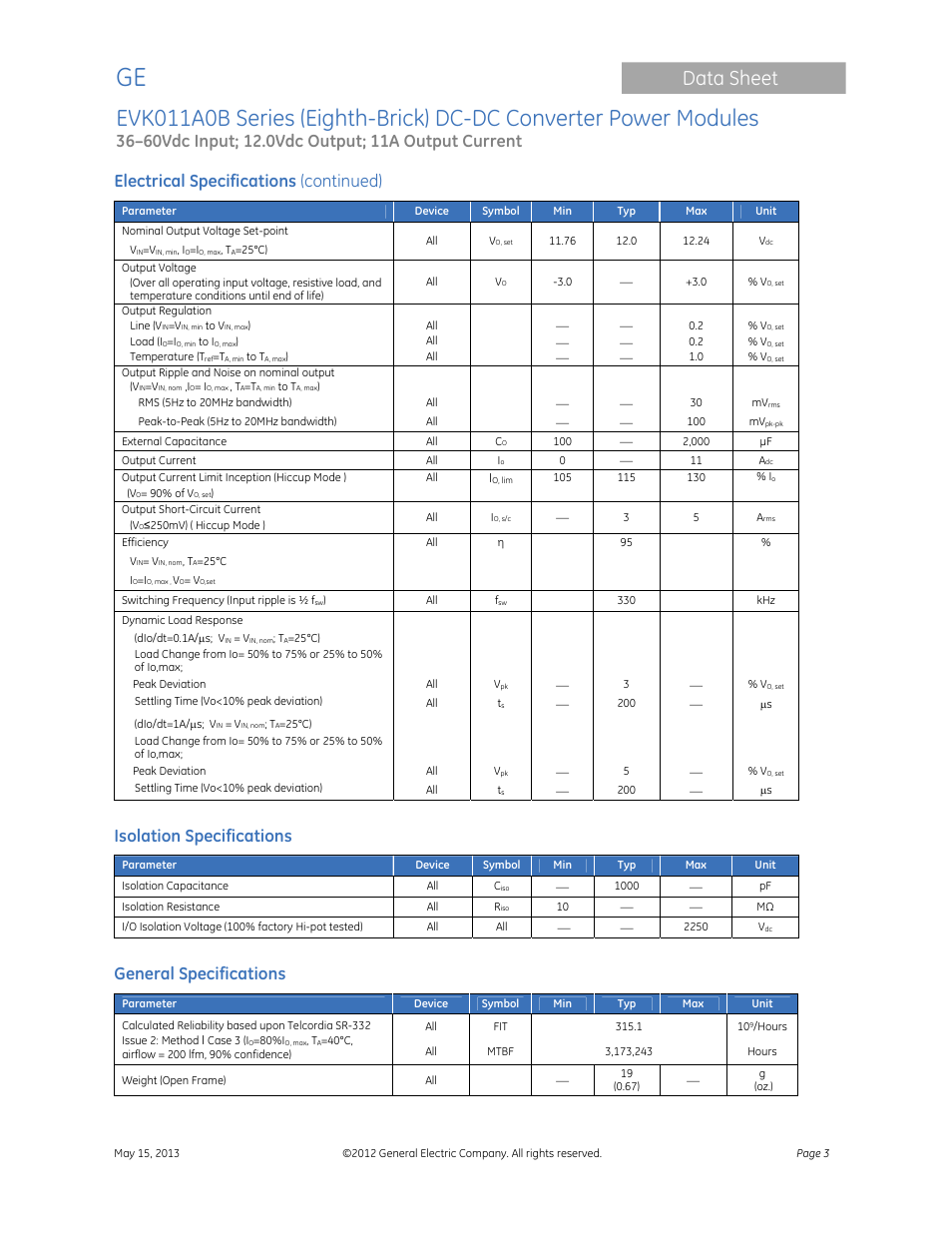 Data sheet, Electrical specifications (continued), Isolation specifications | General specifications | GE Industrial Solutions EVK011A0B Series (Eighth-Brick) User Manual | Page 3 / 13