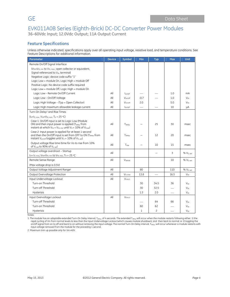 Data sheet, Feature specifications | GE Industrial Solutions EVK011A0B Series (Eighth-Brick) User Manual | Page 4 / 13