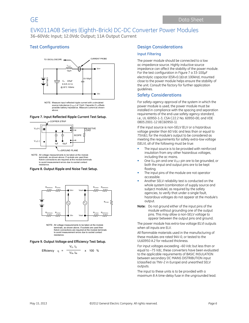 Data sheet, Test configurations, Design considerations | Safety considerations, Input filtering | GE Industrial Solutions EVK011A0B Series (Eighth-Brick) User Manual | Page 6 / 13