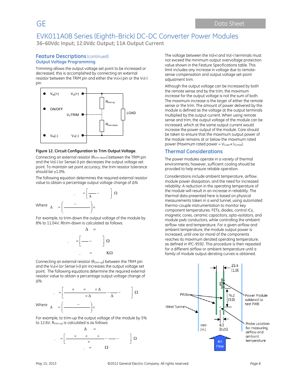 Data sheet, Feature descriptions, Thermal considerations | GE Industrial Solutions EVK011A0B Series (Eighth-Brick) User Manual | Page 8 / 13