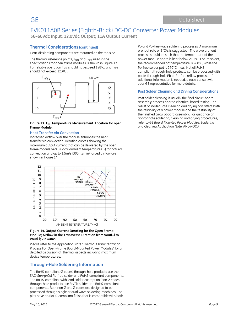 Data sheet, Thermal considerations, Through-hole soldering information | GE Industrial Solutions EVK011A0B Series (Eighth-Brick) User Manual | Page 9 / 13