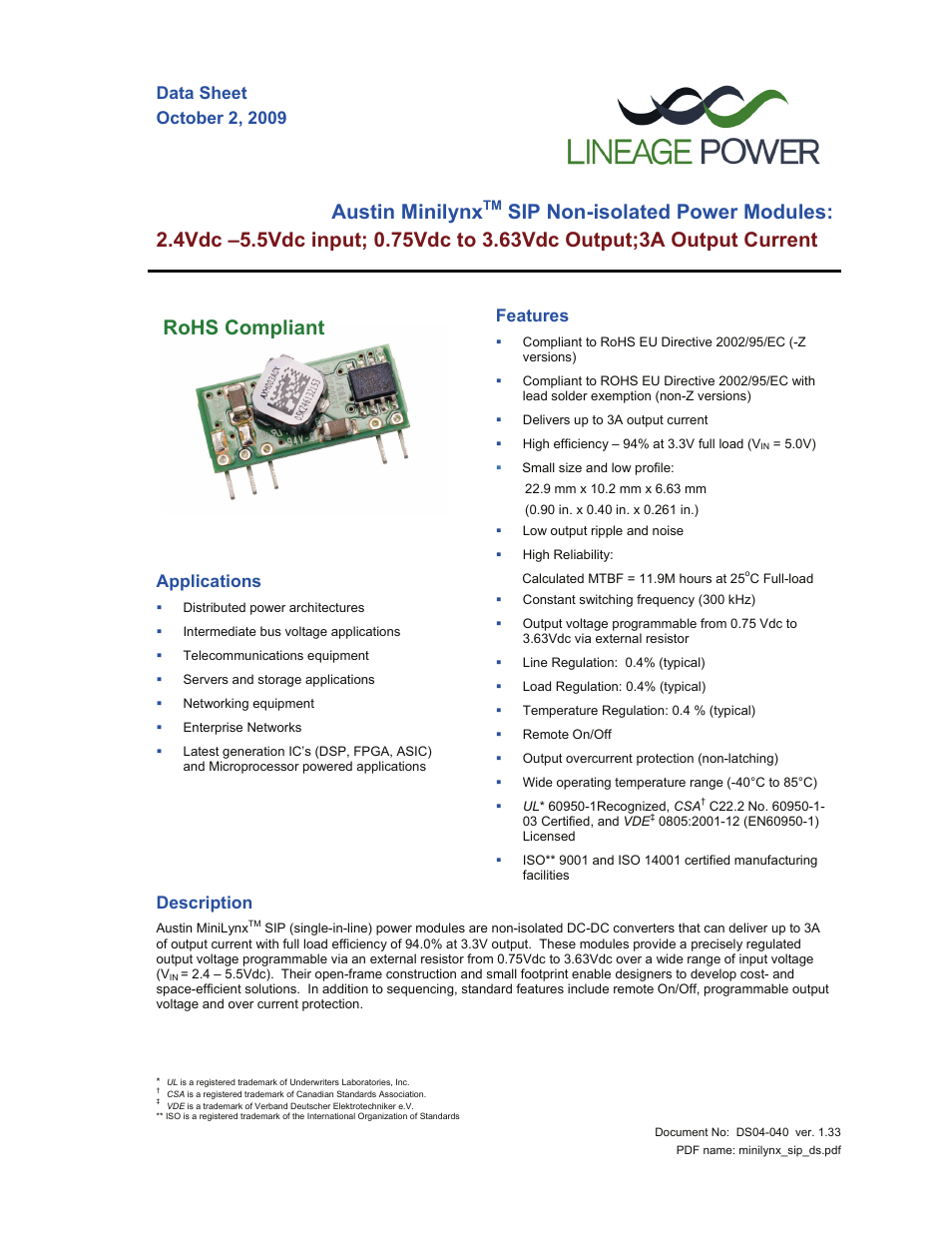 GE Industrial Solutions Austin Minilynx SIP User Manual | 18 pages