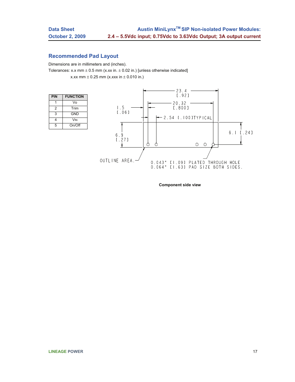 Recommended pad layout | GE Industrial Solutions Austin Minilynx SIP User Manual | Page 17 / 18