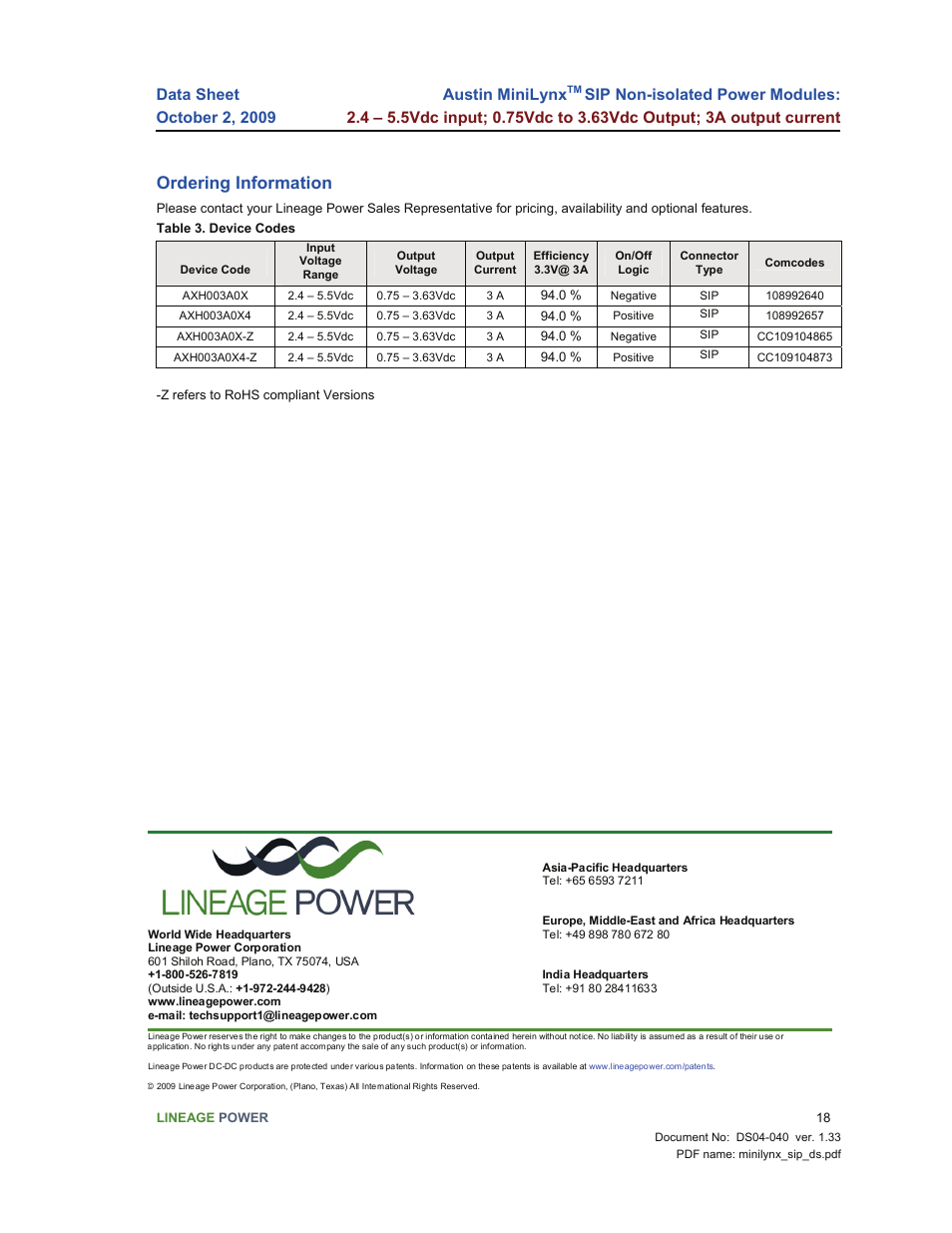 Ordering information, Austin minilynx | GE Industrial Solutions Austin Minilynx SIP User Manual | Page 18 / 18