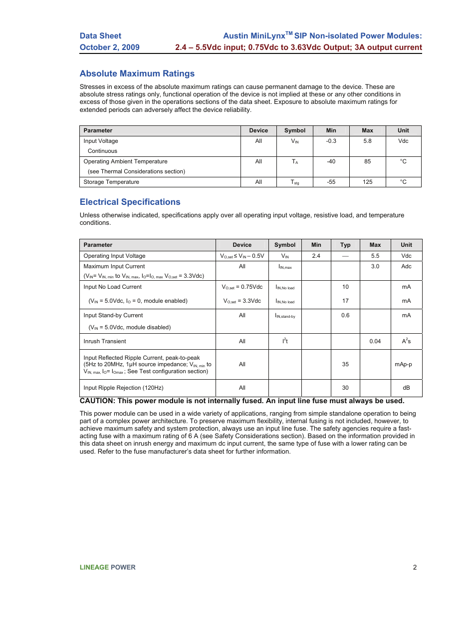 Absolute maximum ratings, Electrical specifications, Austin minilynx | GE Industrial Solutions Austin Minilynx SIP User Manual | Page 2 / 18