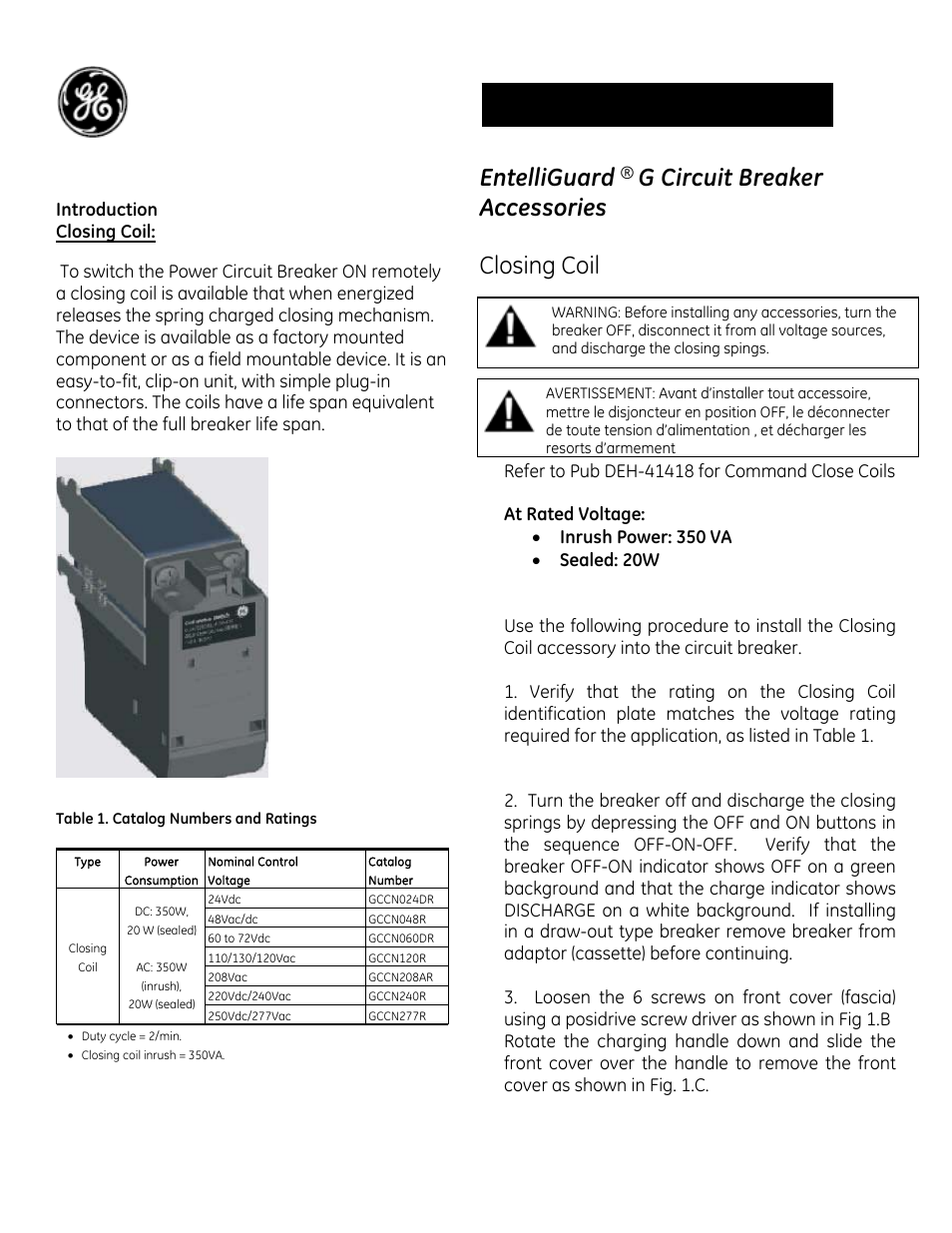 GE Industrial Solutions EntelliGuard G Closing Coil User Manual | 4 pages