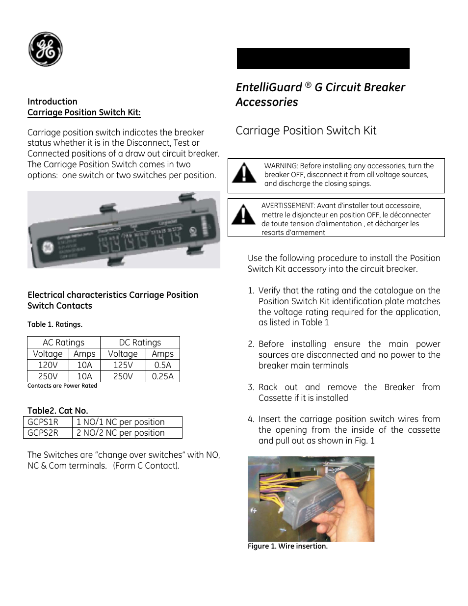 GE Industrial Solutions EntelliGuard G Carriage Position Switch Kit User Manual | 3 pages