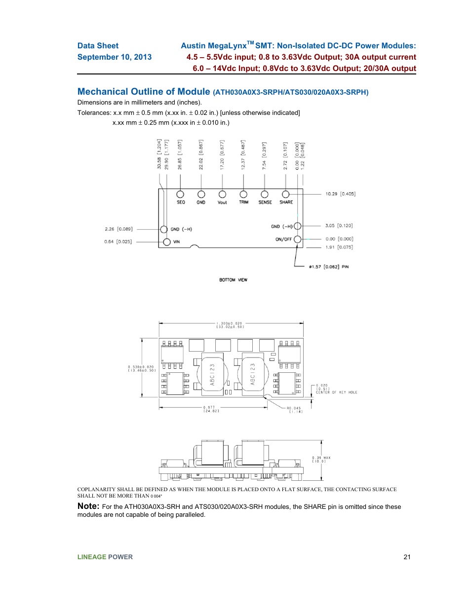 Mechanical outline of module | GE Industrial Solutions Austin MegaLynx SMT User Manual | Page 21 / 29