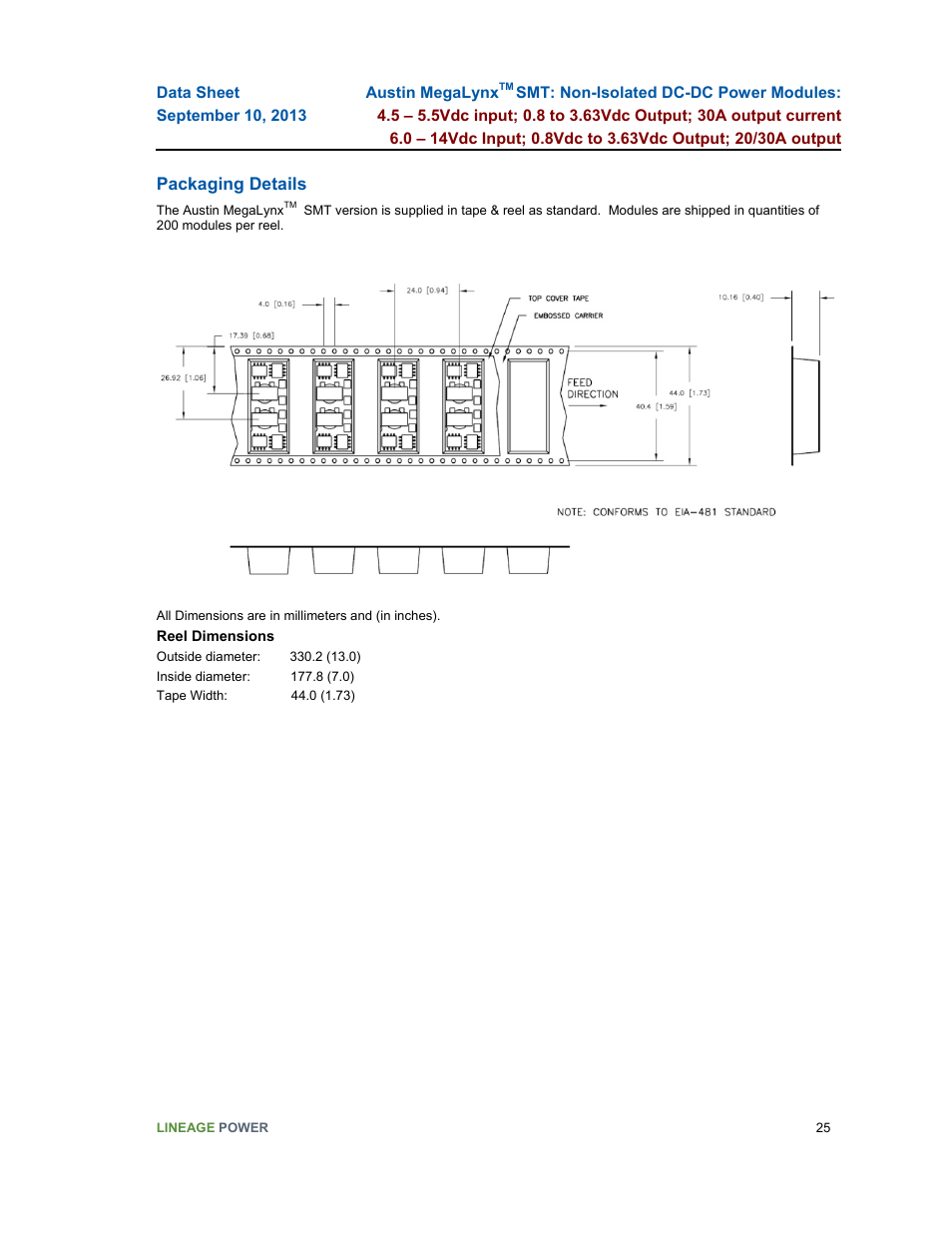 Packaging details | GE Industrial Solutions Austin MegaLynx SMT User Manual | Page 25 / 29
