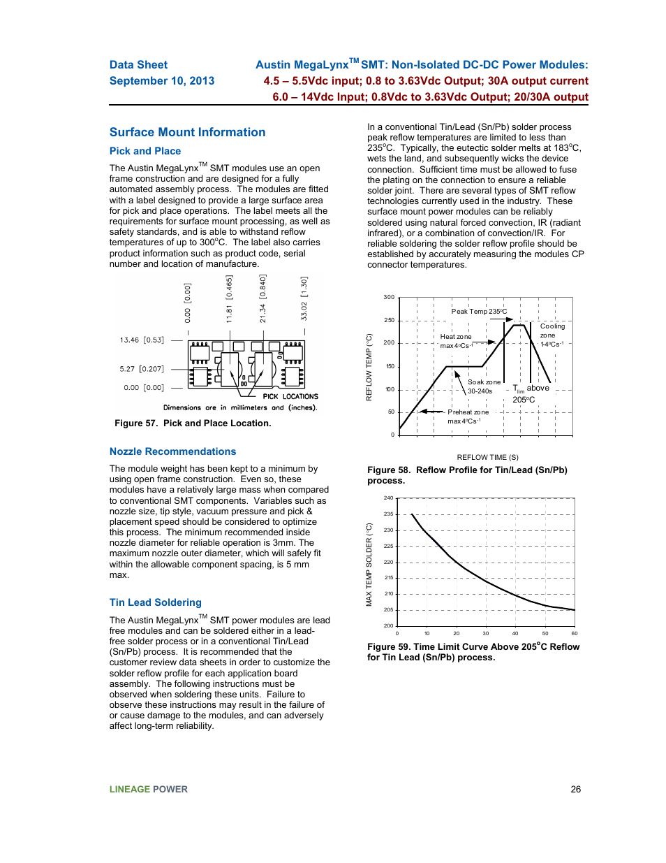 Surface mount information, Pick and place, Nozzle recommendations | Tin lead soldering | GE Industrial Solutions Austin MegaLynx SMT User Manual | Page 26 / 29