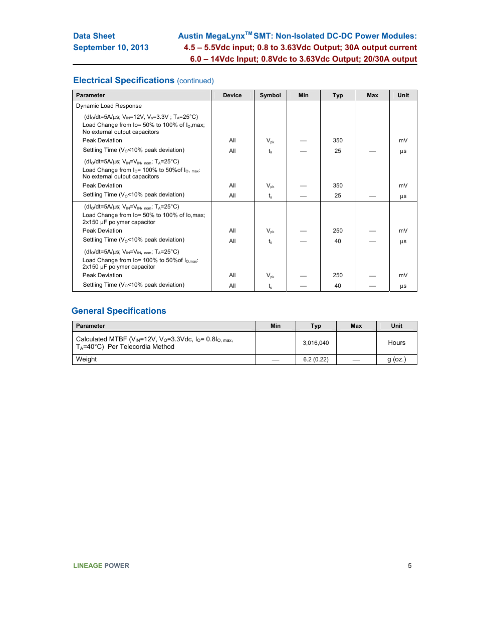 Electrical specifications, General specifications | GE Industrial Solutions Austin MegaLynx SMT User Manual | Page 5 / 29