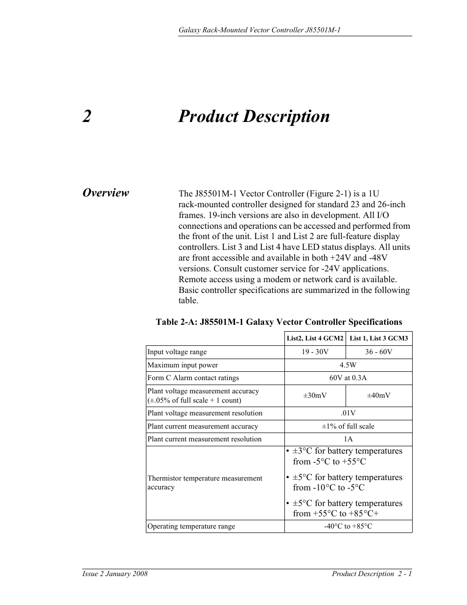 Product description, Overview, 2 product description | 2product description | GE Industrial Solutions Galaxy Vector Rack Mounted Controller J85501M-1 User Manual | Page 15 / 90
